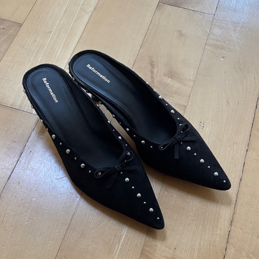 Reformation Black Studded Kitten Heel Mules
